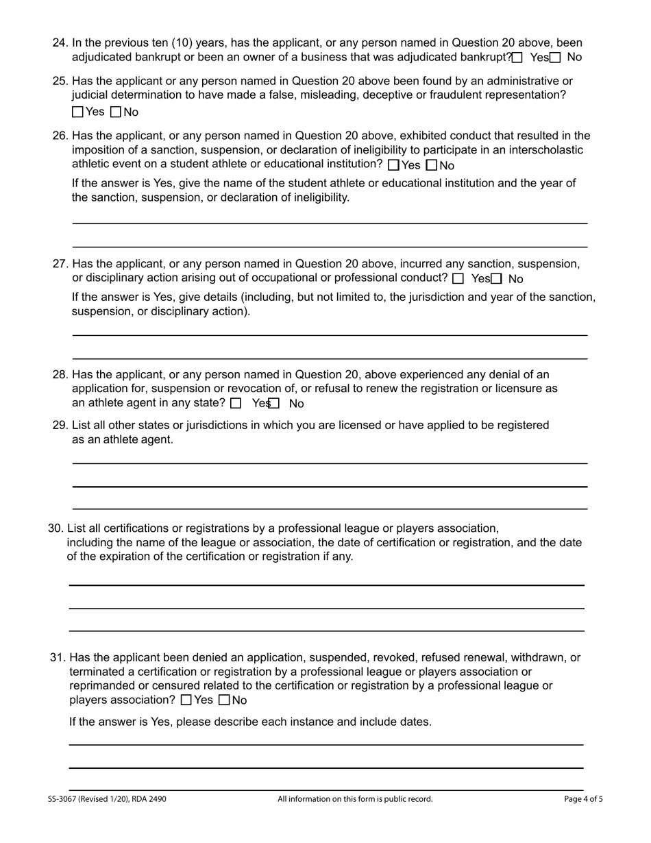 Form SS-3067 Tennessee Athlete Agent Application for Registration or Renewal - Tennessee, Page 4