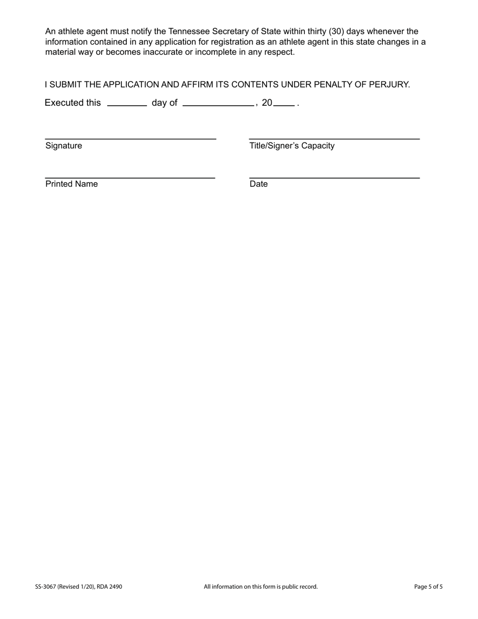 Form SS-3067 Tennessee Athlete Agent Application for Registration or Renewal - Tennessee, Page 5