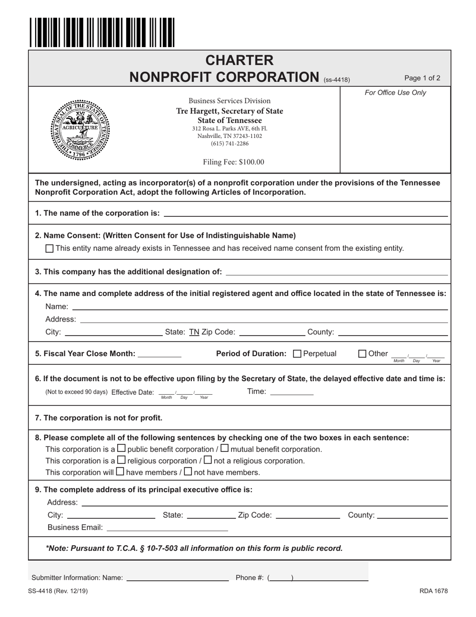 Form SS-4418 Charter Nonprofit Corporation - Tennessee, Page 4