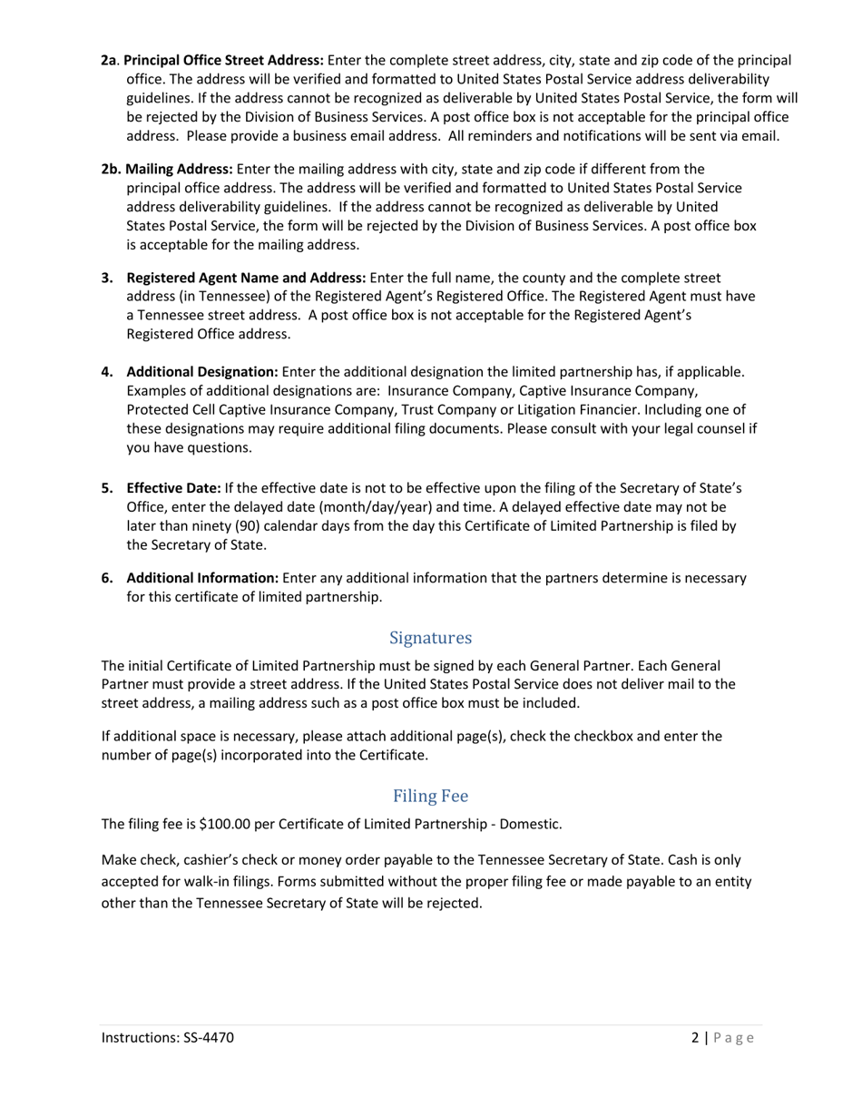 Form SS-4470 Certificate of Limited Partnership - Domestic - Tennessee, Page 2