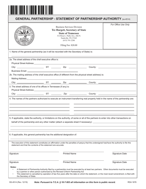 Form SS-4514 General Partnership - Statement of Partnership Authority - Tennessee