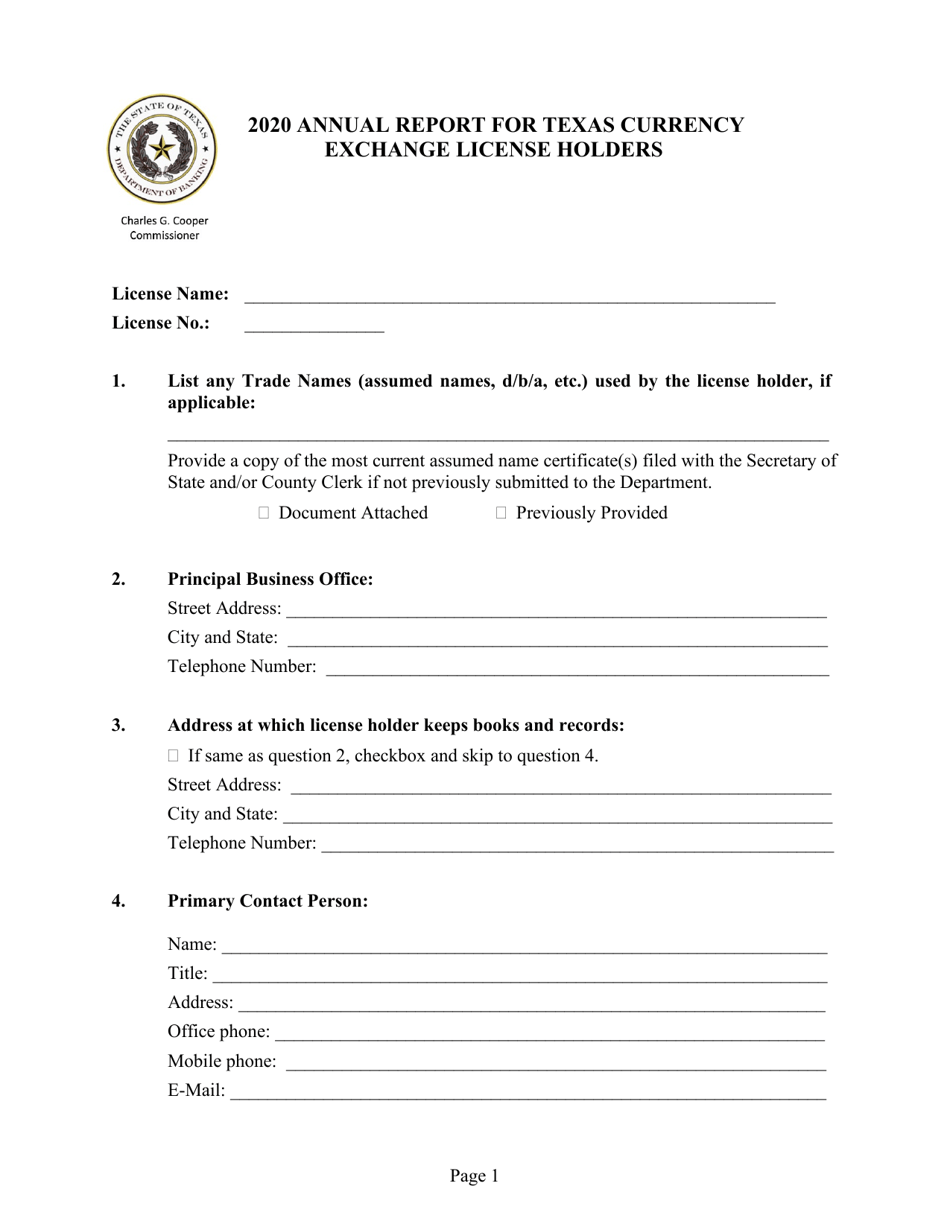 Annual Report for Texas Currency Exchange License Holders - Texas, Page 1