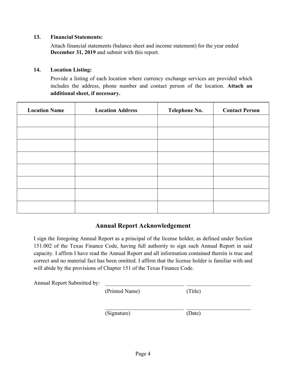 Annual Report for Texas Currency Exchange License Holders - Texas, Page 4