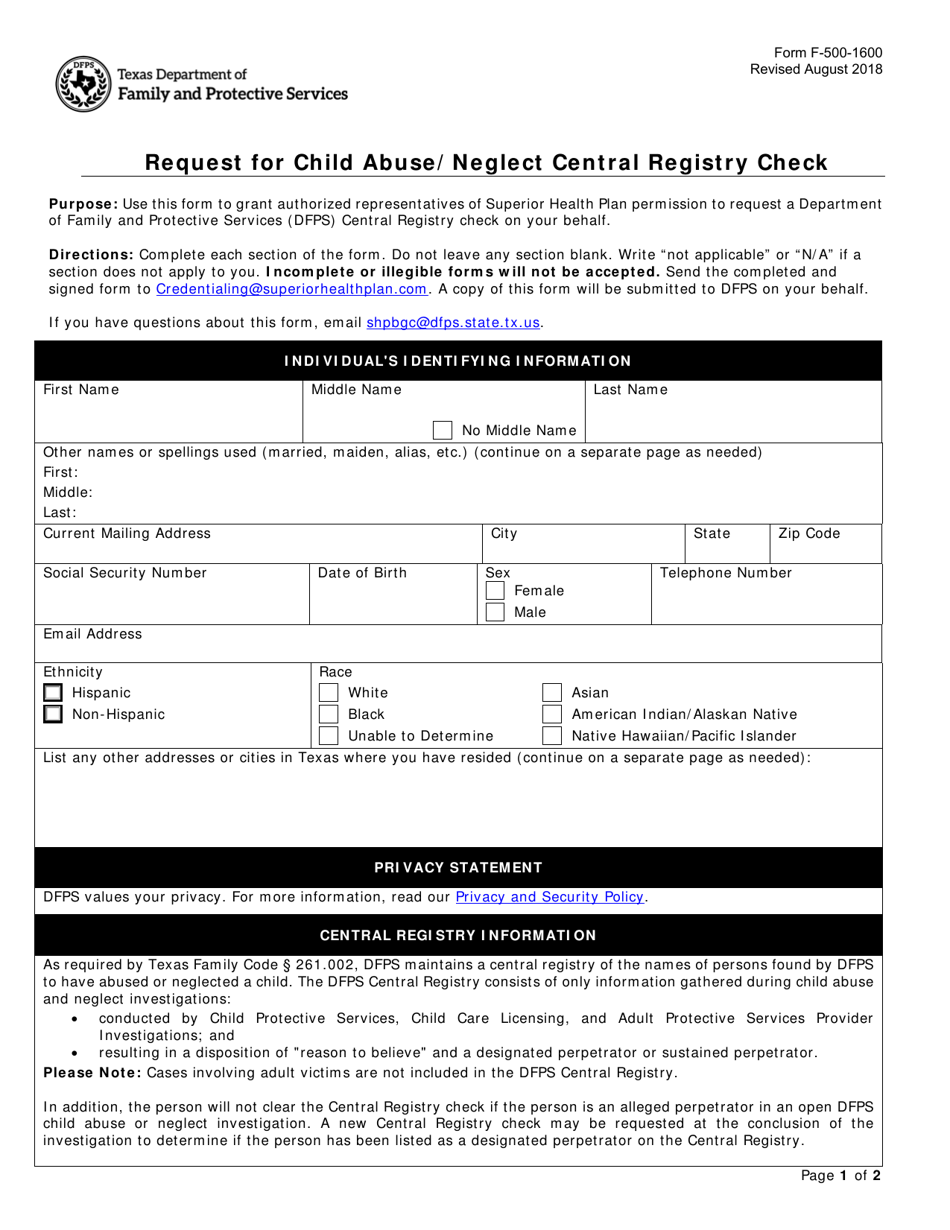 Form F-500-1600 Request for Child Abuse / Neglect Central Registry Check - Texas, Page 1