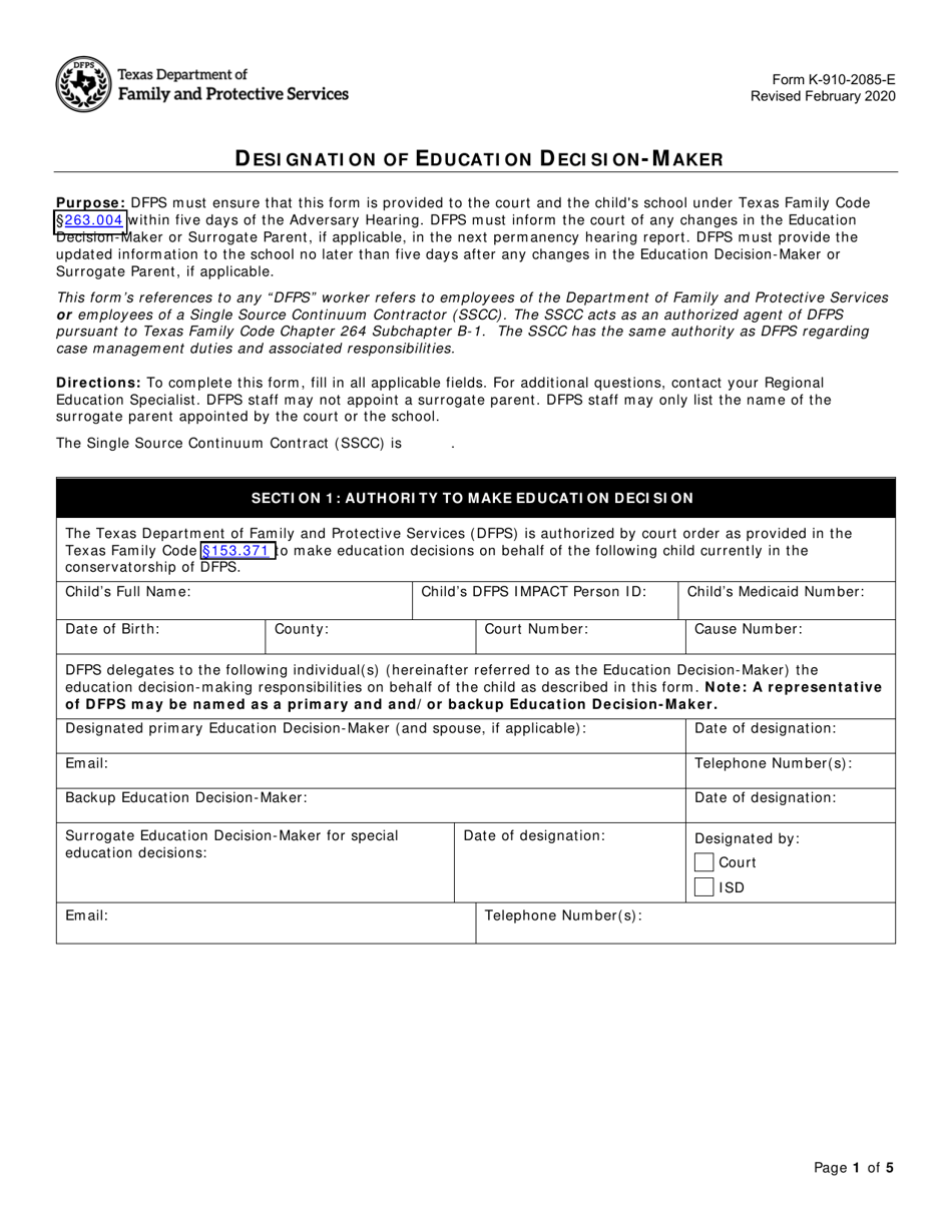 Form K-910-2085E Designation of Education Decision-Maker for Community-Based Care - Texas, Page 1