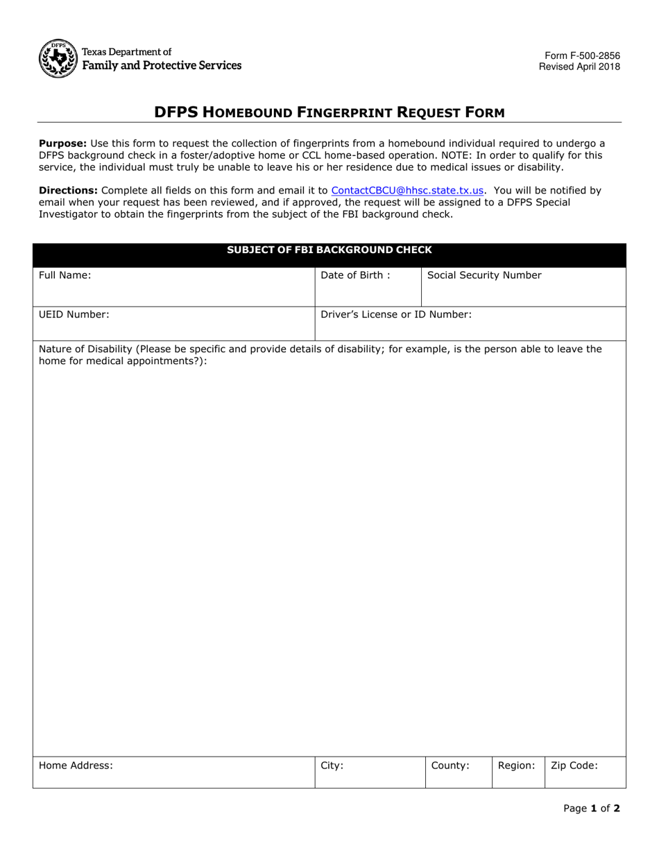 Form F-500-2856 Dfps Homebound Fingerprint Request Form - Texas, Page 1