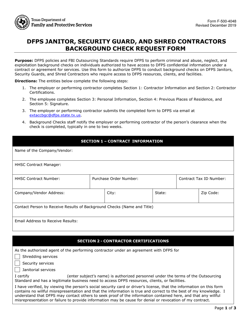 Form F-500-4048 Dfps Janitor, Security Guard, and Shred Contractors Background Check Request Form - Texas, Page 1