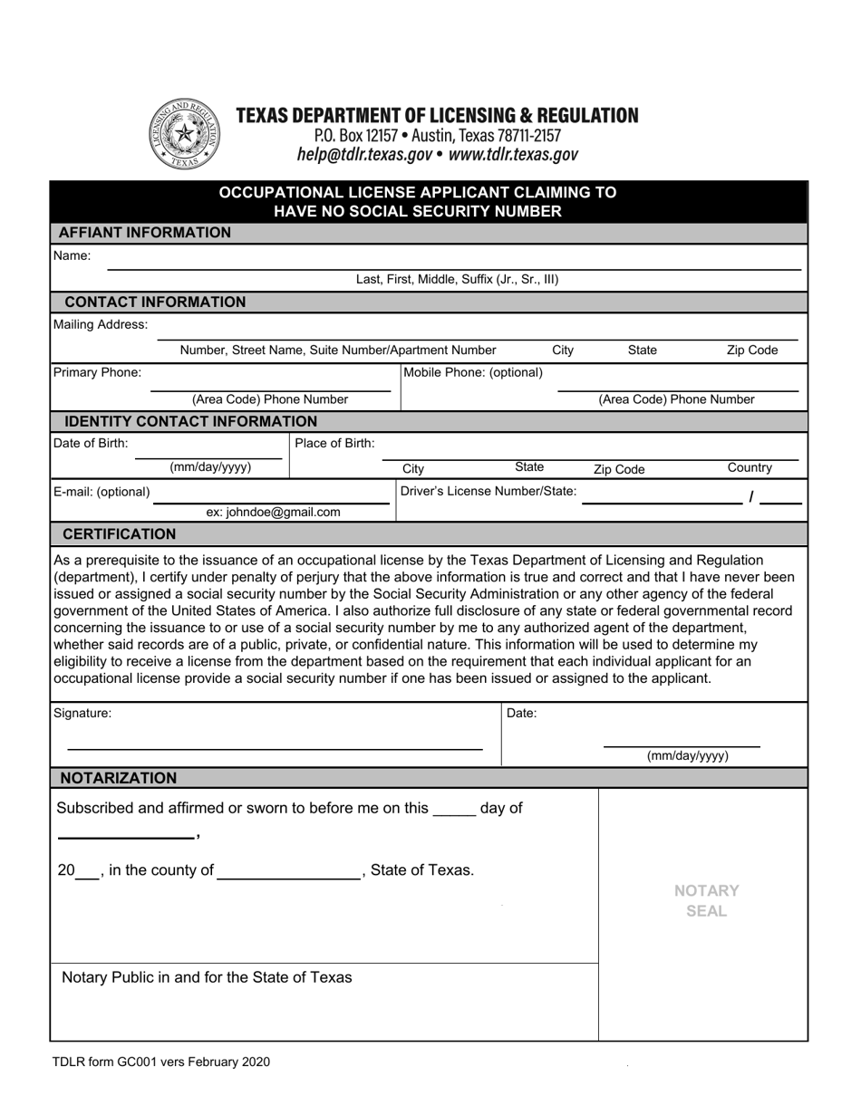 TDLR Form GC001 Occupational License Applicant Claiming to Have a Social Security Number - Texas, Page 1