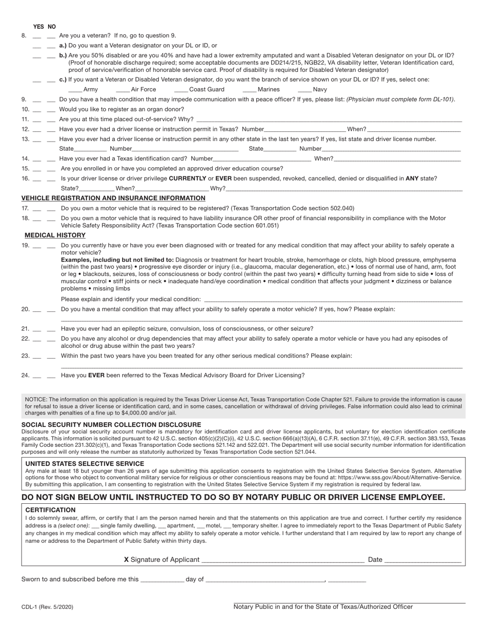 Form CDL-1 - Fill Out, Sign Online and Download Fillable PDF, Texas ...