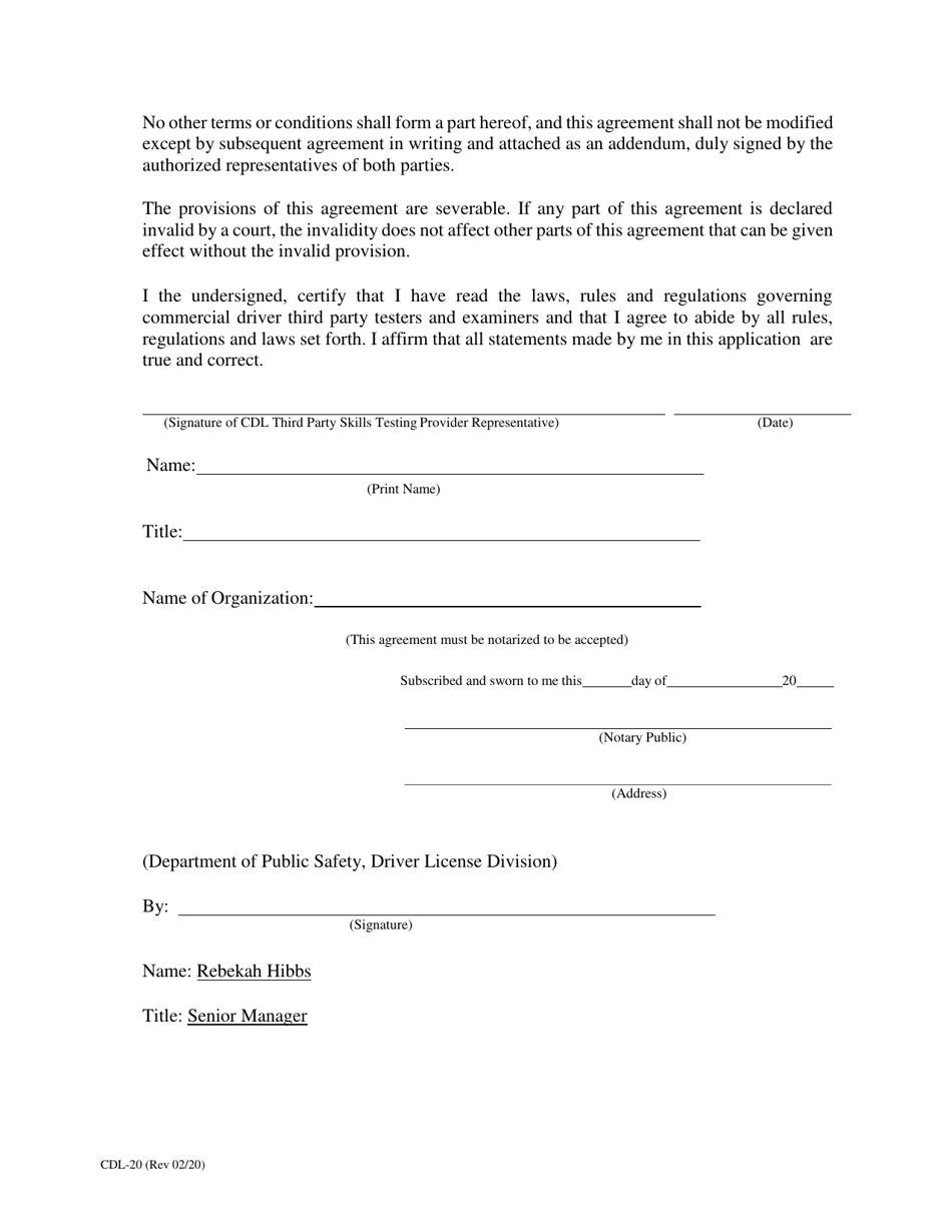 Form CDL-20 Agreement Between the Texas Department of Public Safety Driver License Division and a Commercial Driver License Third Party Tester - Texas, Page 2