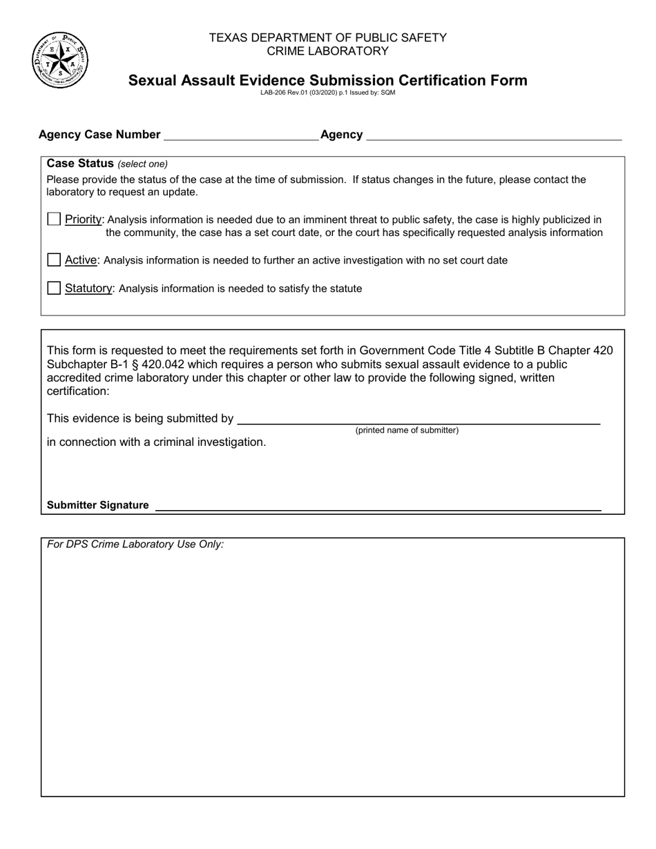 Form LAB-206 Sexual Assault Evidence Submission Certification Form - Texas, Page 1