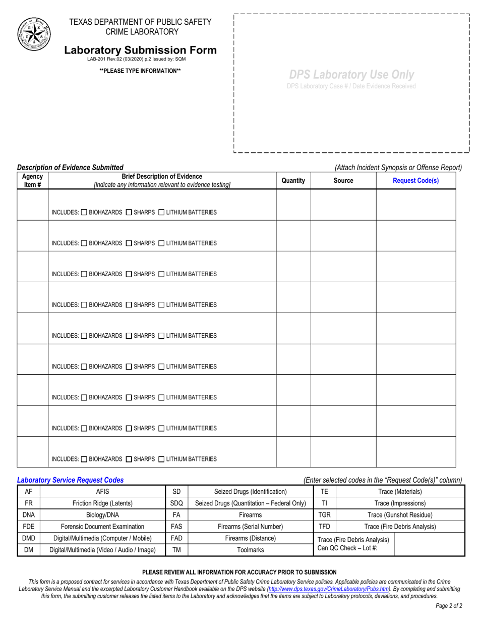 Form LAB-201 Laboratory Submission Form - Texas, Page 2