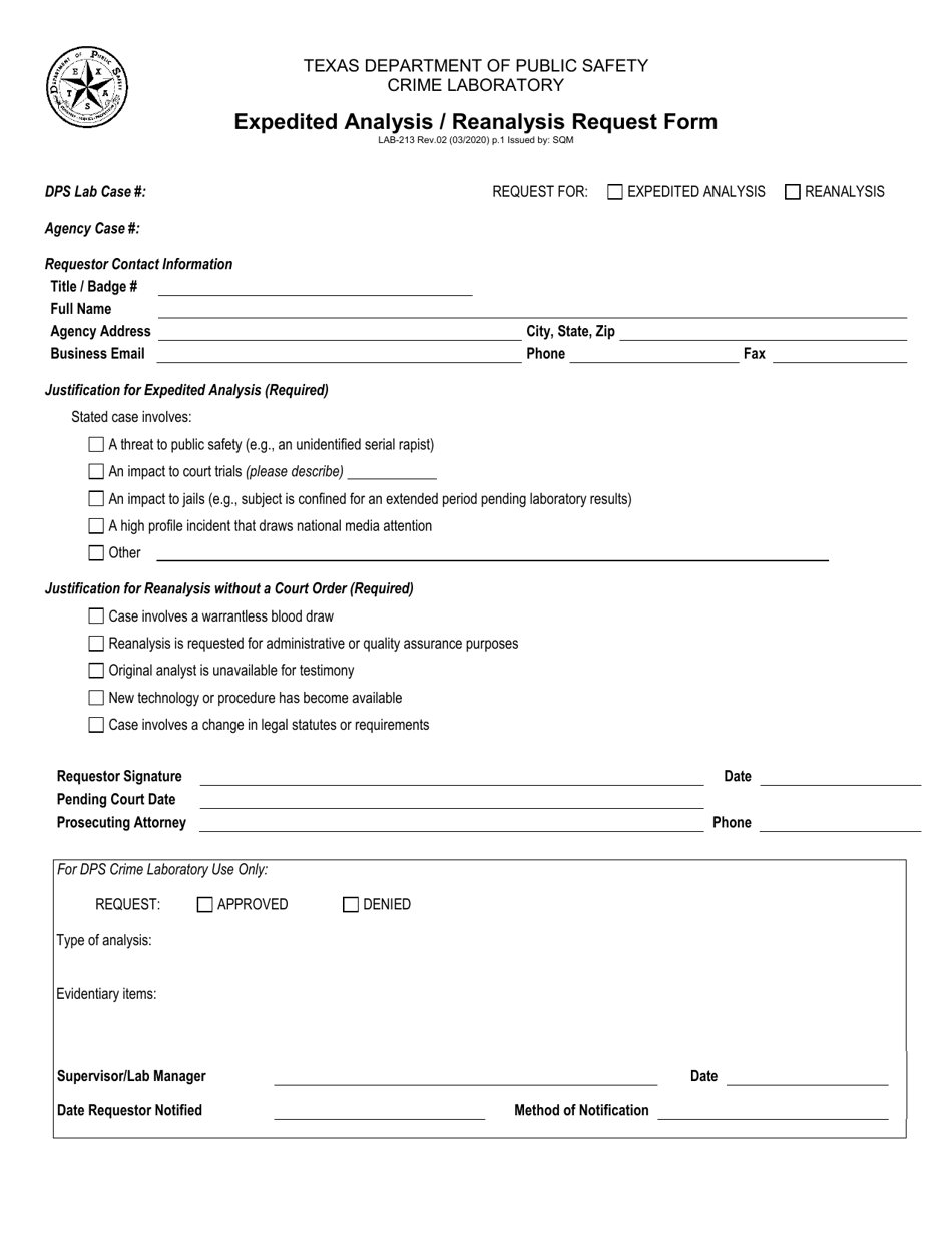 Dps Lab Submission Form.pdf Form LAB-213 - Fill Out, Sign Online and Download Printable PDF, Texas ...
