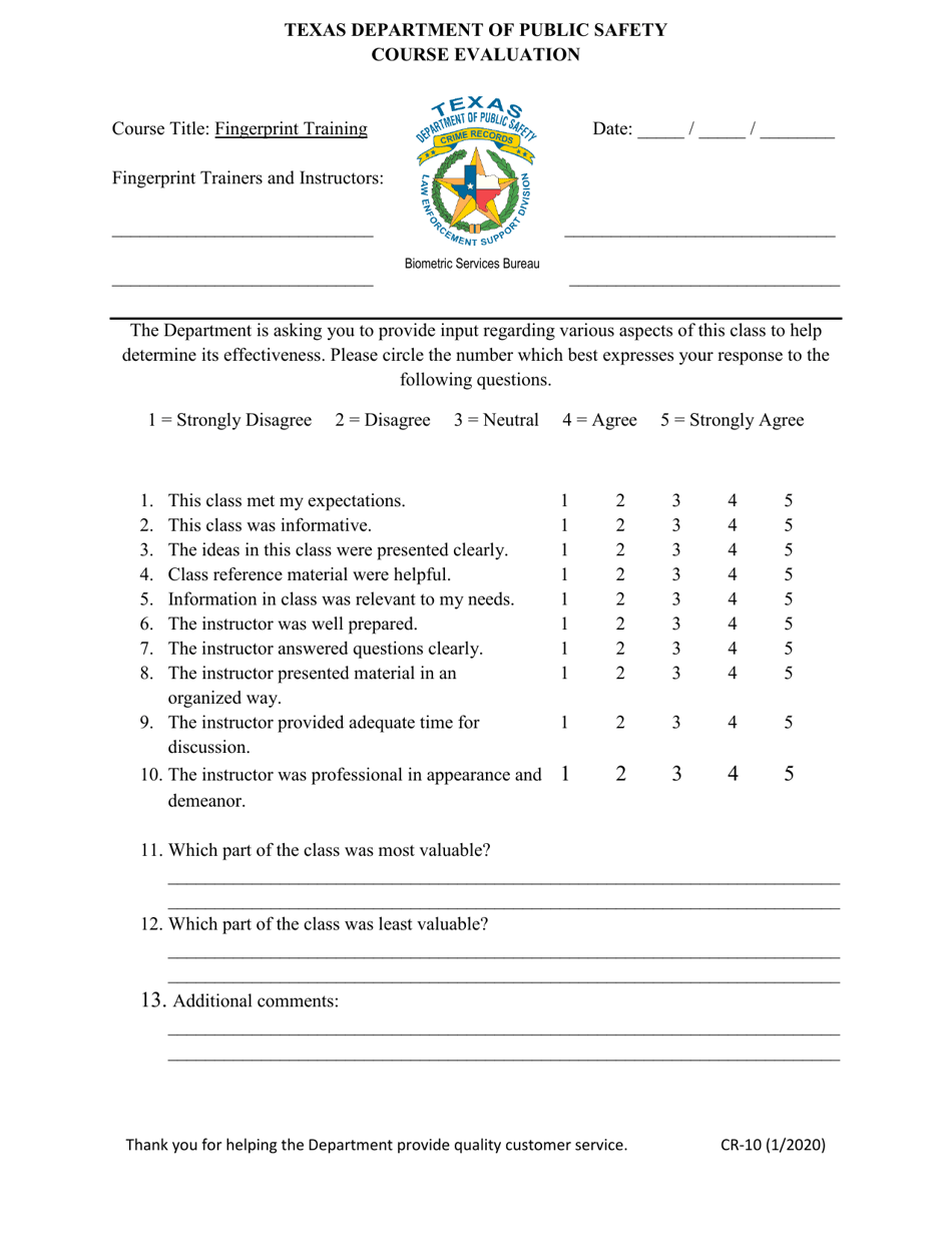 Form CR-10 Fingerprint Training Course Evaluation - Texas, Page 1