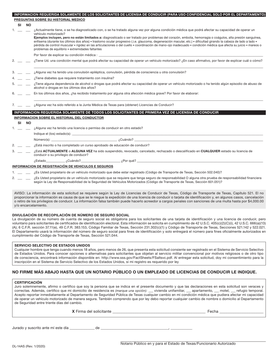 Formulario DL-14AS Solicitud De Una Licencia De Conducir (Dl) O Tarjeta De Identificacion (Id) De Texas (Adulto - 17 Anos Y 10 Meses De Edad Y Mayor) - Texas (Spanish), Page 2
