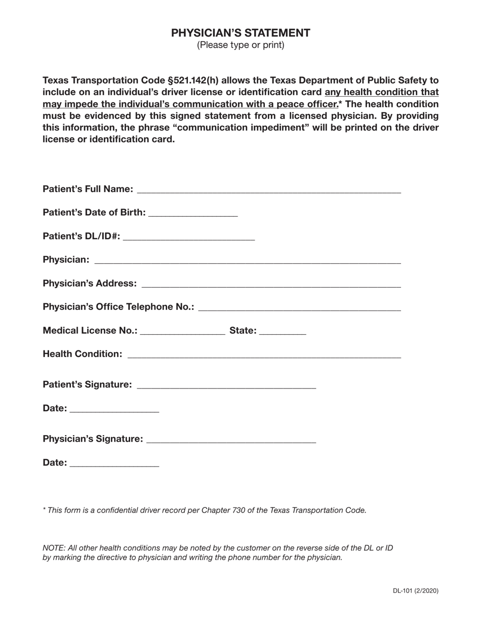 Form DL-101 Physicians Statement - Texas, Page 1