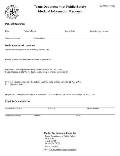 Form DL-177 Medical Information Request - Texas