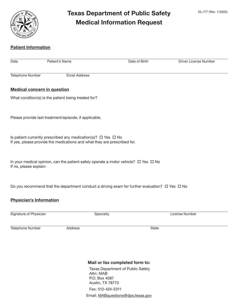 Form DL-177 Medical Information Request - Texas, Page 1