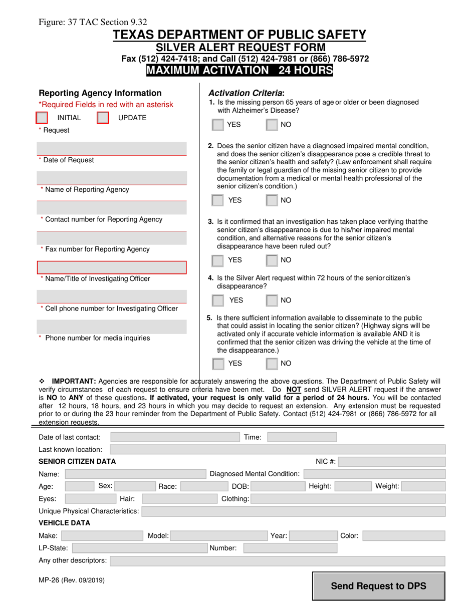 Form MP-26 Silver Alert Request Form - Texas, Page 1