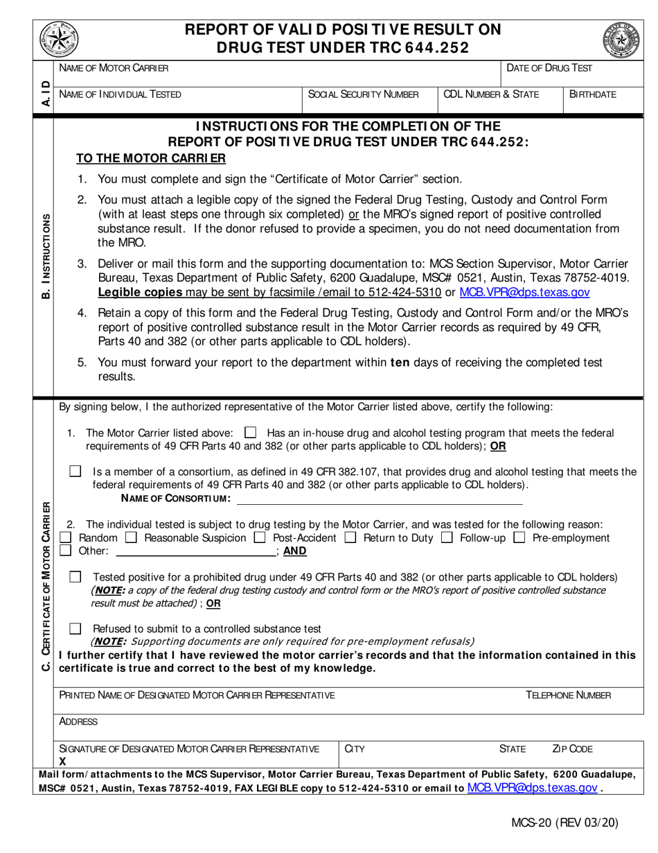 Form MCS-20 Report of Valid Positive Result on Drug Test Under Trc 644.252 - Texas, Page 1