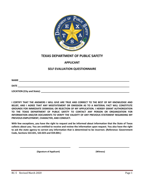 Form RC-5 Self Evaluation Questionnaire - Texas