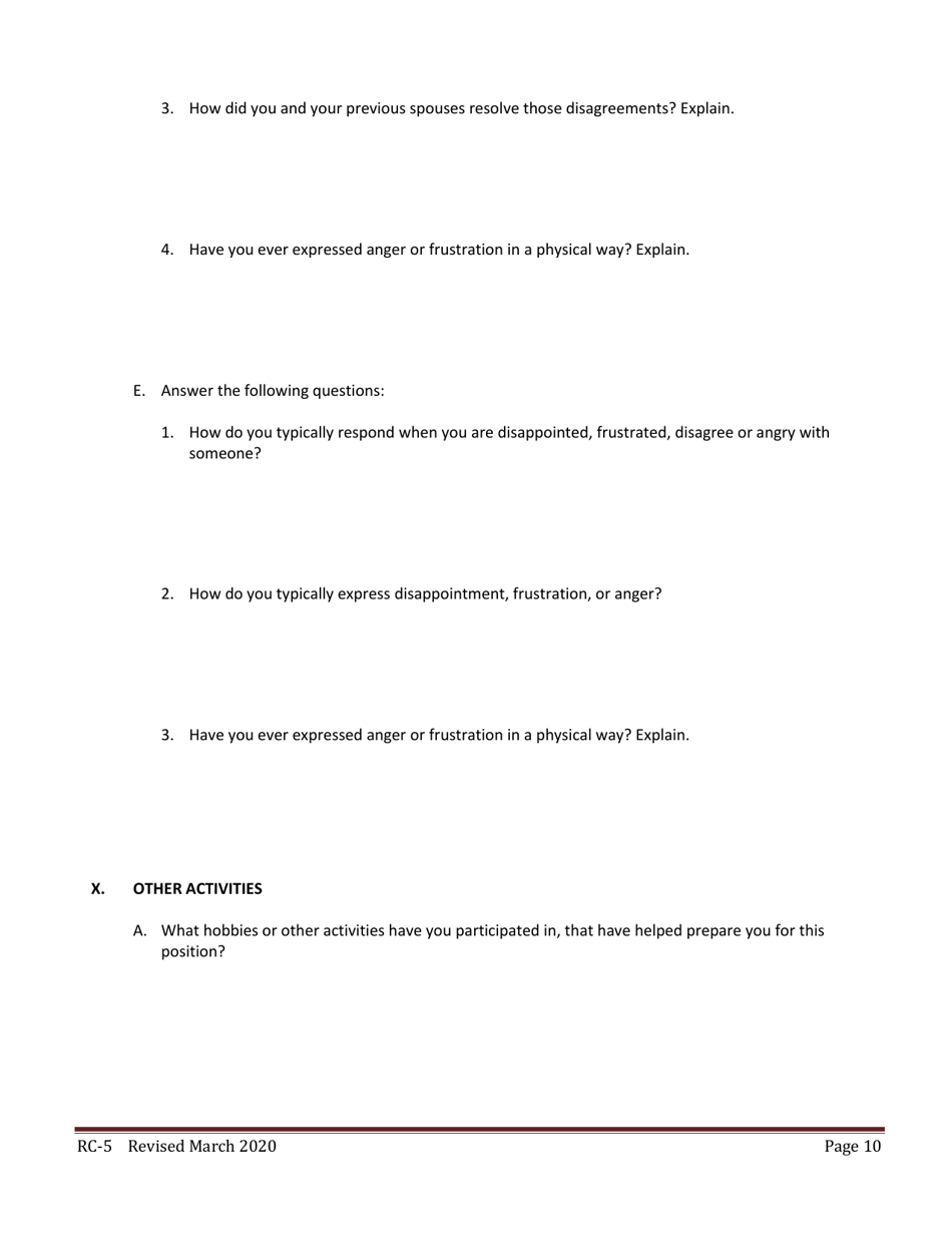 Form RC-5 Self Evaluation Questionnaire - Texas, Page 10
