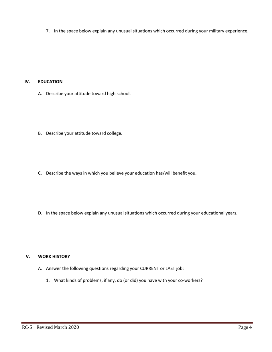 Form RC-5 Self Evaluation Questionnaire - Texas, Page 4