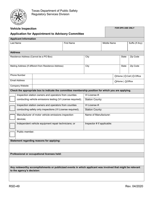 Form RSD-49 Application for Appointment to the Vehicle Inspection Advisor - Texas