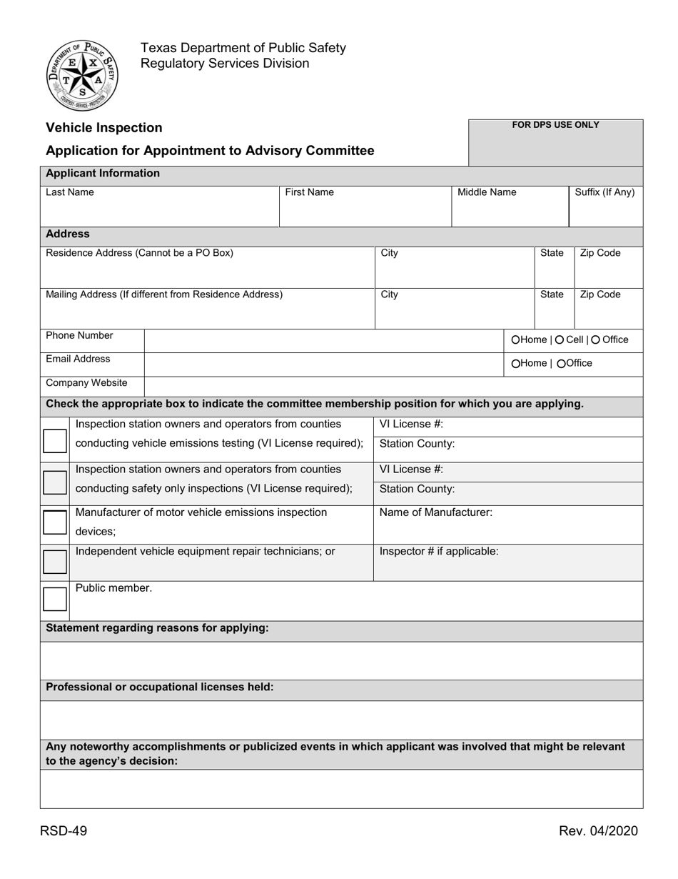 Form RSD-49 Application for Appointment to the Vehicle Inspection Advisor - Texas, Page 1