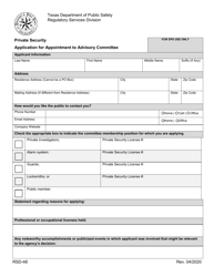 Document preview: Form RSD-48 Application for Appointment to the Prviate Security Advisory - Texas