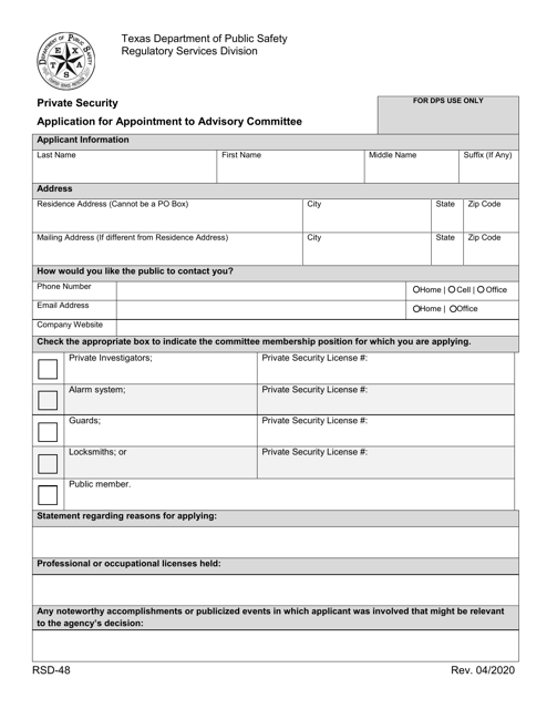 Form RSD-48 Application for Appointment to the Prviate Security Advisory - Texas