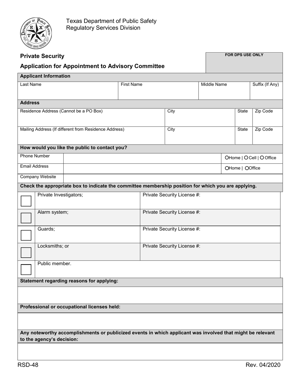 Form RSD-48 Application for Appointment to the Prviate Security Advisory - Texas, Page 1