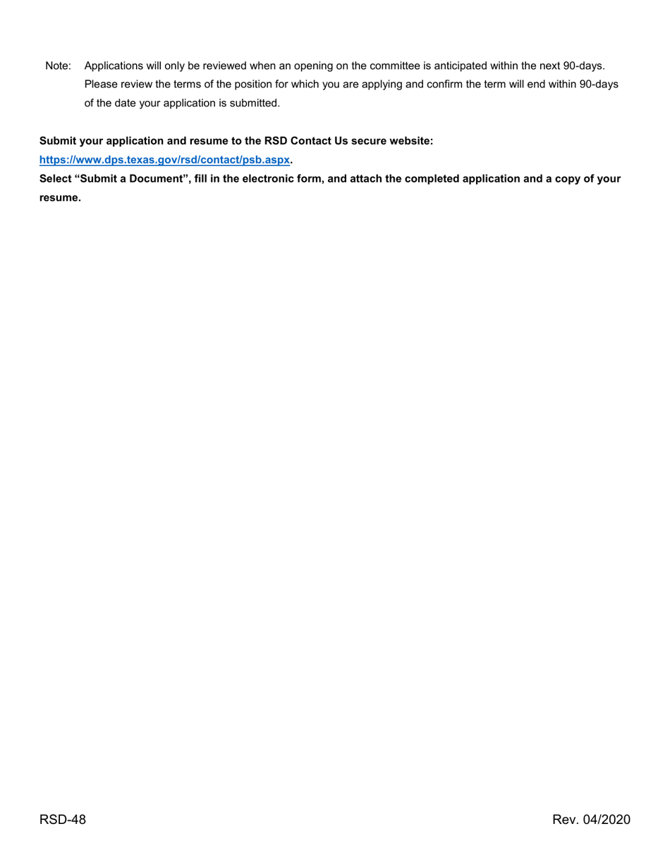 Form RSD-48 Application for Appointment to the Prviate Security Advisory - Texas, Page 3