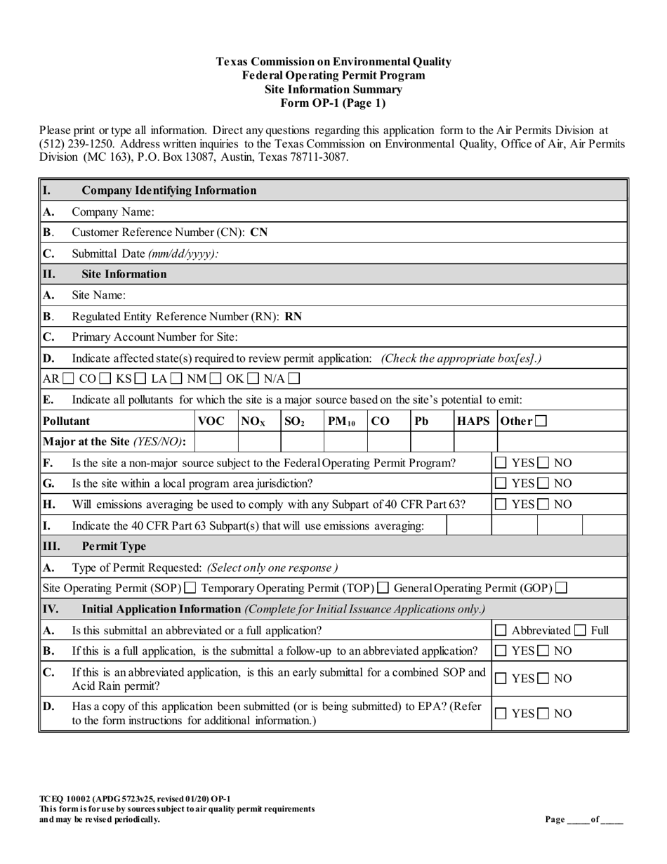Form TCEQ-10002 (OP-1) Site Information Summary - Texas, Page 12
