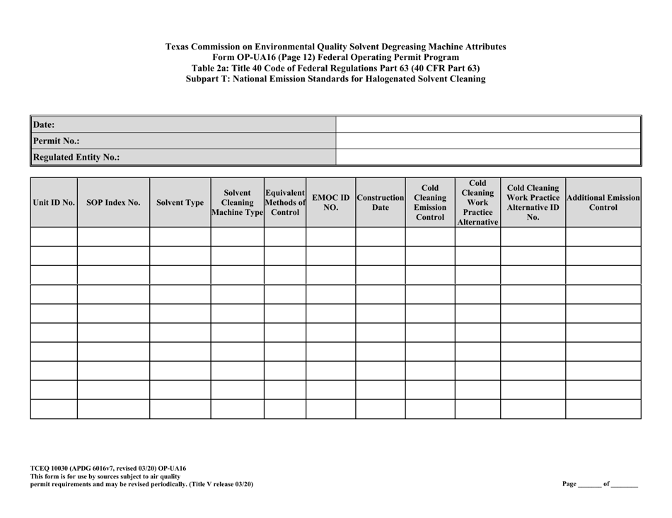 Form TCEQ-10030 (OP-UA16) Solvent Degreasing Machine Attributes - Texas, Page 12