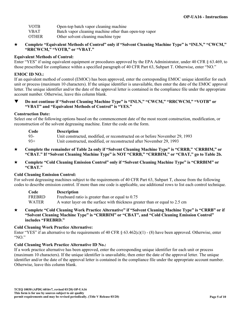 Form TCEQ-10030 (OP-UA16) Solvent Degreasing Machine Attributes - Texas, Page 5