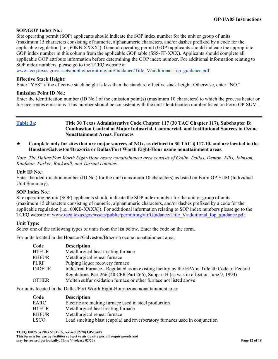 Form TCEQ-10025 (OP-UA05) Process Heater / Furnace Attributes - Texas, Page 12