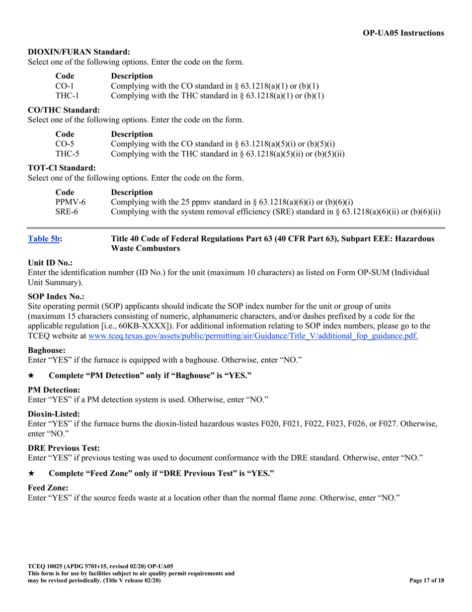 Form TCEQ-10025 (OP-UA05) Process Heater / Furnace Attributes - Texas, Page 17