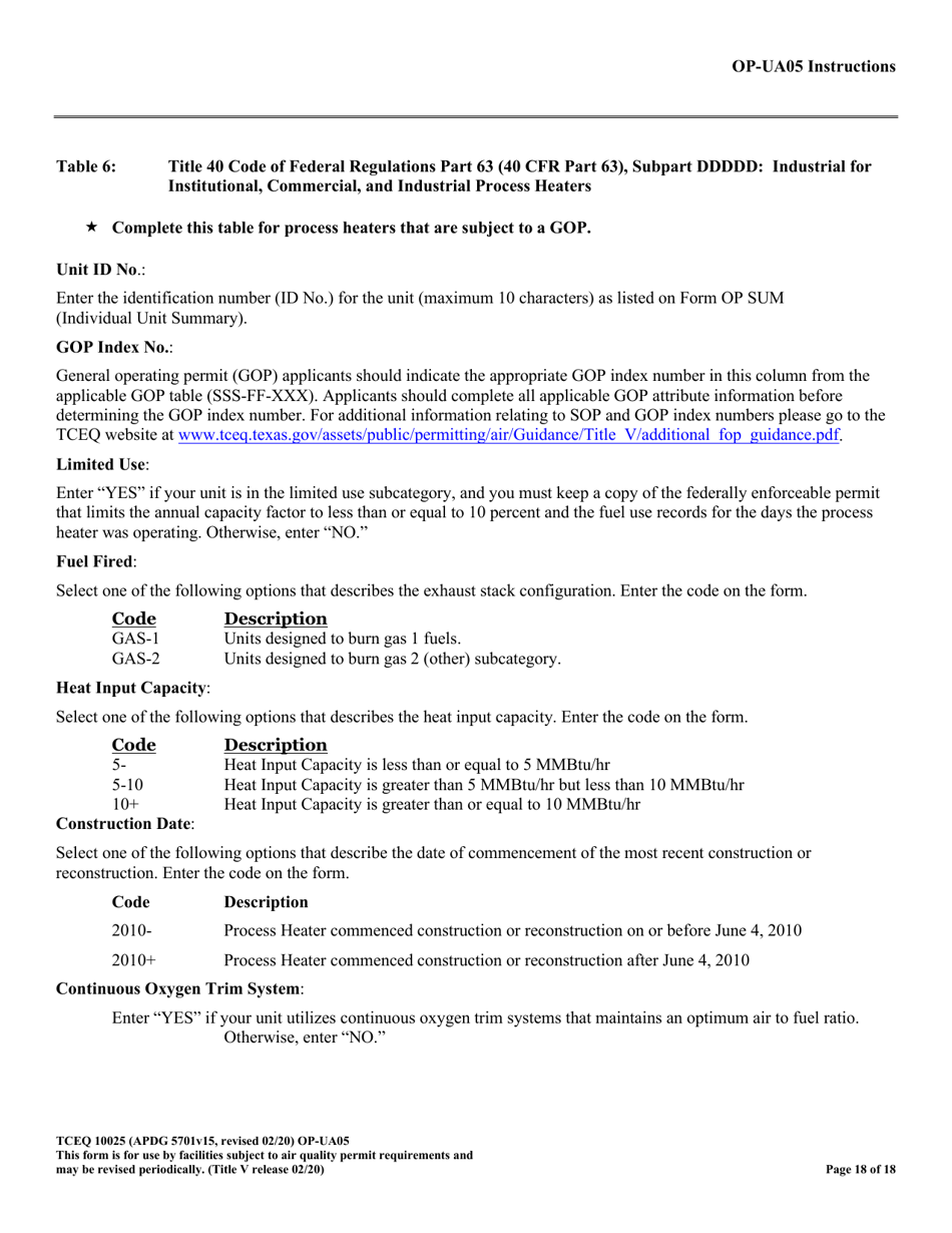 Form TCEQ-10025 (OP-UA05) Process Heater / Furnace Attributes - Texas, Page 18