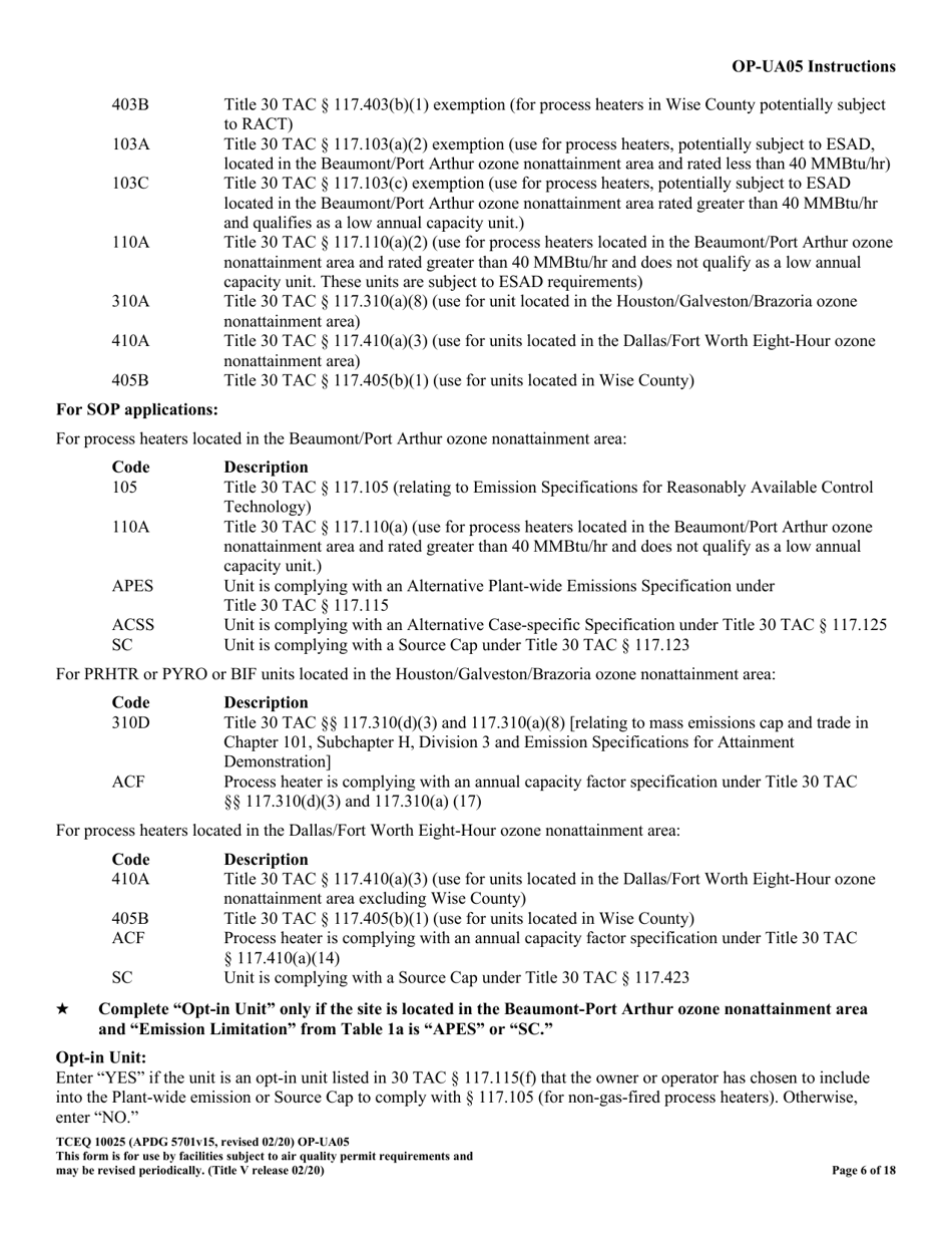 Form TCEQ-10025 (OP-UA05) Process Heater / Furnace Attributes - Texas, Page 6