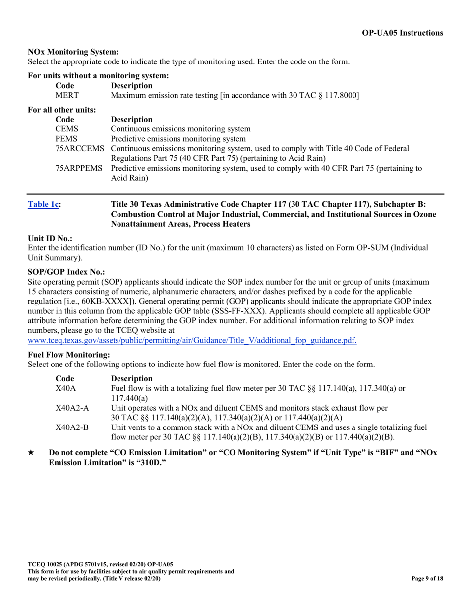 Form TCEQ-10025 (OP-UA05) Process Heater / Furnace Attributes - Texas, Page 9