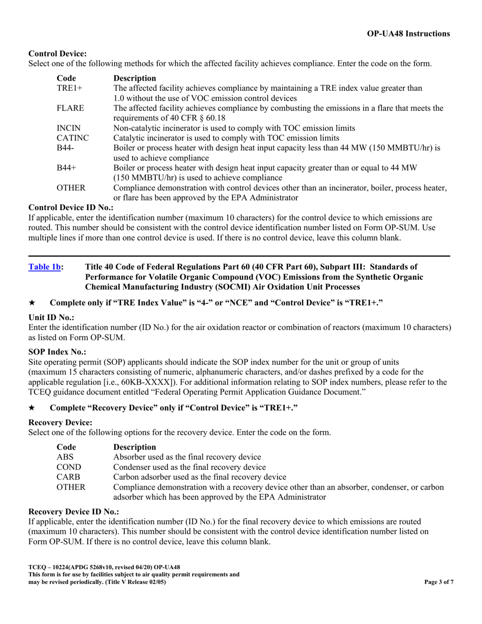 Form TCEQ-10224 (OP-UA48) Air Oxidation Unit Process Attributes - Texas, Page 3