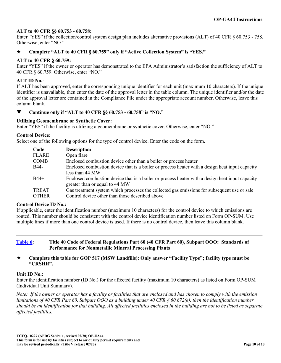 Form 10227 (OP-UA44) Municipal Solid Waste Landfill / Waste Disposal Site Attributes - Texas, Page 10