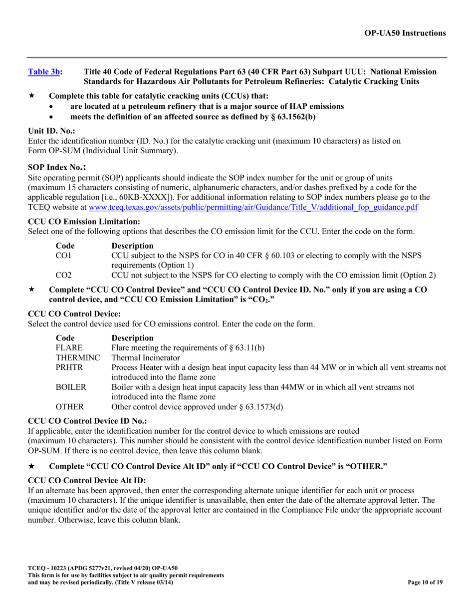 Form TCEQ-10223 (OP-UA50) Fluid Catalytic Cracking Unit Catalyst Regenerator / Fuel Gas Combustion Device / Claus Sulfur Recovery Plant Attributes - Texas, Page 10