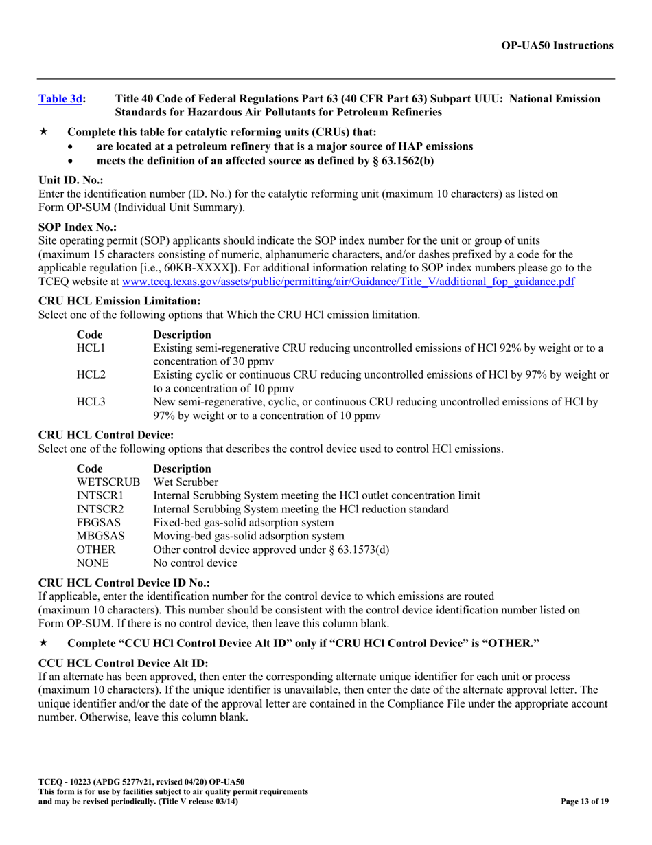 Form TCEQ-10223 (OP-UA50) Fluid Catalytic Cracking Unit Catalyst Regenerator / Fuel Gas Combustion Device / Claus Sulfur Recovery Plant Attributes - Texas, Page 13