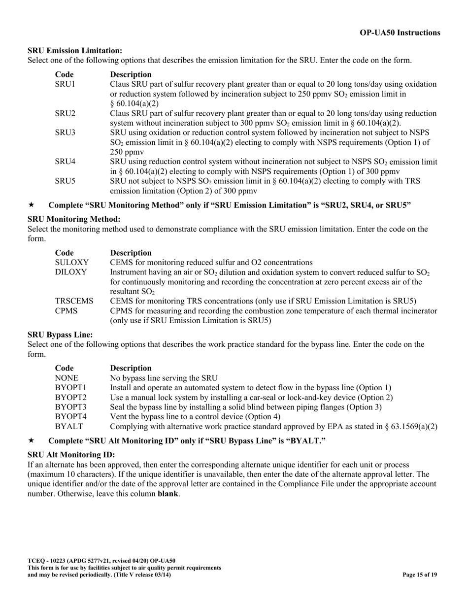 Form TCEQ-10223 (OP-UA50) Fluid Catalytic Cracking Unit Catalyst Regenerator / Fuel Gas Combustion Device / Claus Sulfur Recovery Plant Attributes - Texas, Page 15