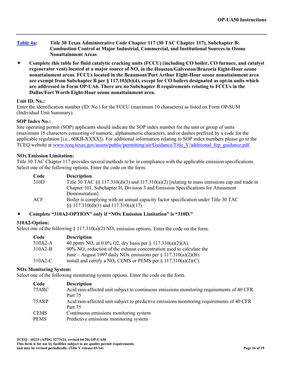 Form TCEQ-10223 (OP-UA50) Fluid Catalytic Cracking Unit Catalyst Regenerator / Fuel Gas Combustion Device / Claus Sulfur Recovery Plant Attributes - Texas, Page 16