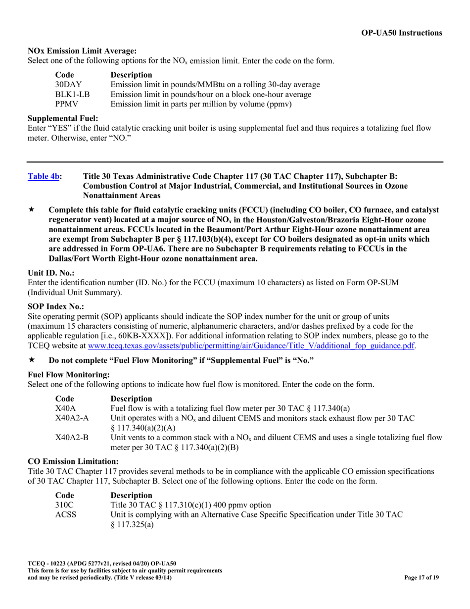 Form TCEQ-10223 (OP-UA50) Fluid Catalytic Cracking Unit Catalyst Regenerator / Fuel Gas Combustion Device / Claus Sulfur Recovery Plant Attributes - Texas, Page 17