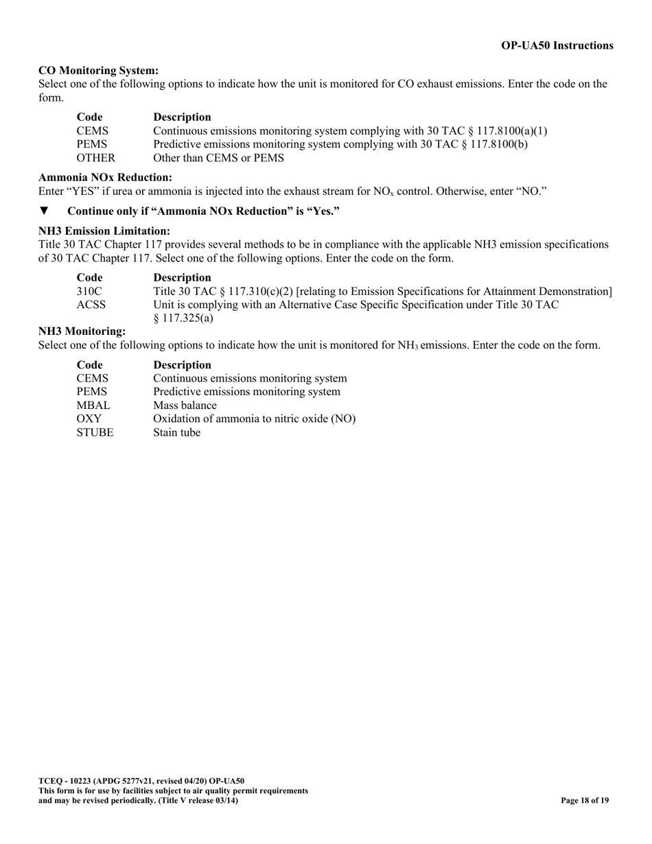 Form TCEQ-10223 (OP-UA50) Fluid Catalytic Cracking Unit Catalyst Regenerator / Fuel Gas Combustion Device / Claus Sulfur Recovery Plant Attributes - Texas, Page 18