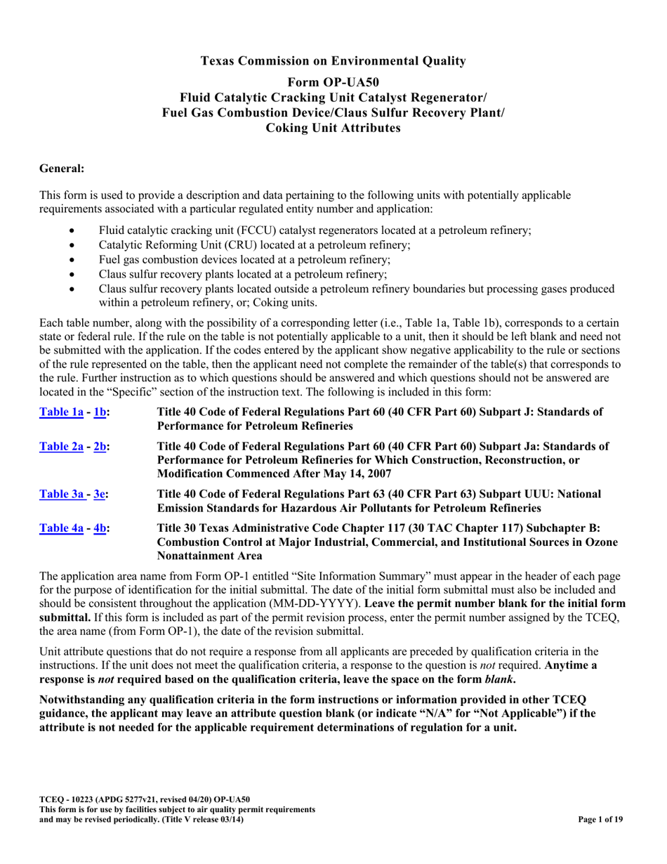 Form TCEQ-10223 (OP-UA50) Fluid Catalytic Cracking Unit Catalyst Regenerator / Fuel Gas Combustion Device / Claus Sulfur Recovery Plant Attributes - Texas, Page 1